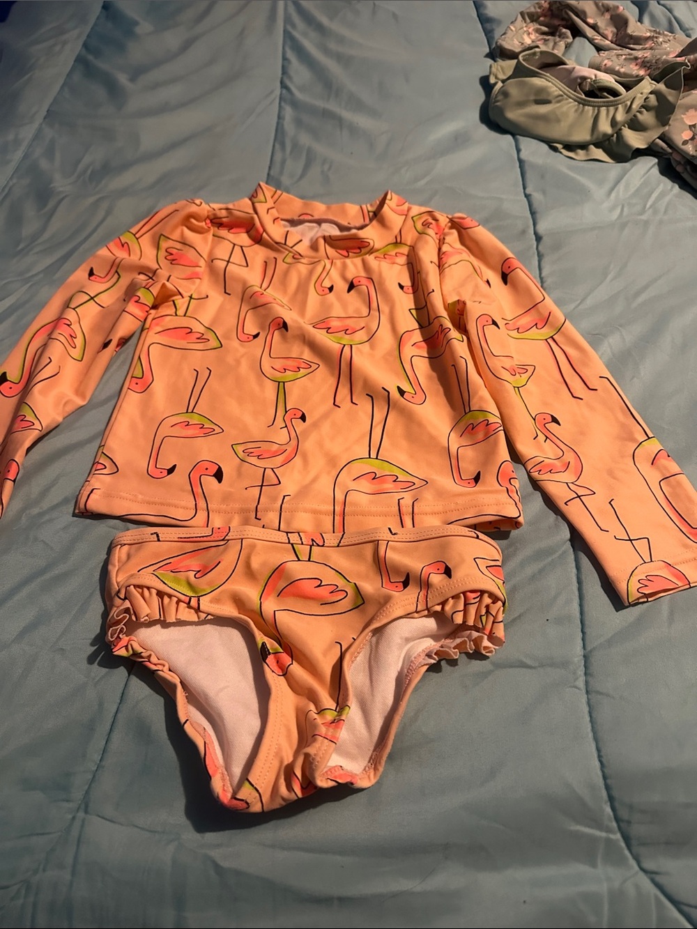 Peach Flamingo Long-Sleeve Kids Rashguard Set